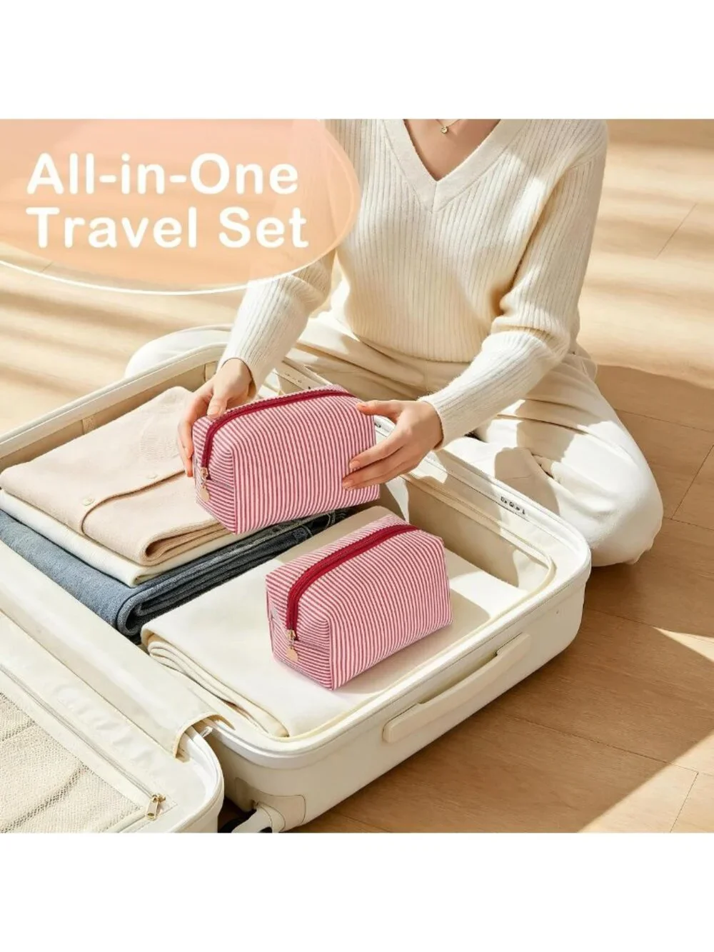 4PCS Travel Makeup Bag Set, Striped Toiletry Organizer Pouches, Cute Cosmetic
